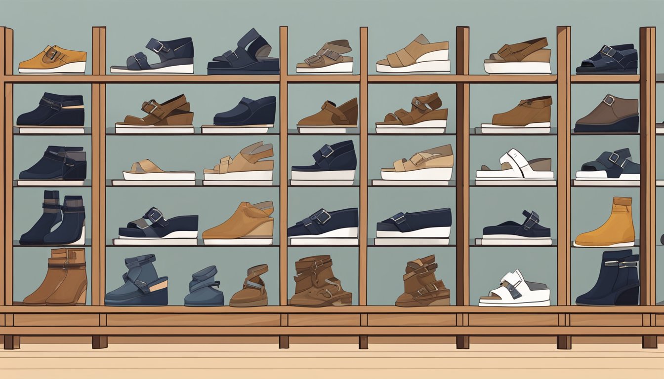 A display of various footwear brands, including Birkenstock alternatives, arranged on shelves in a trendy boutique