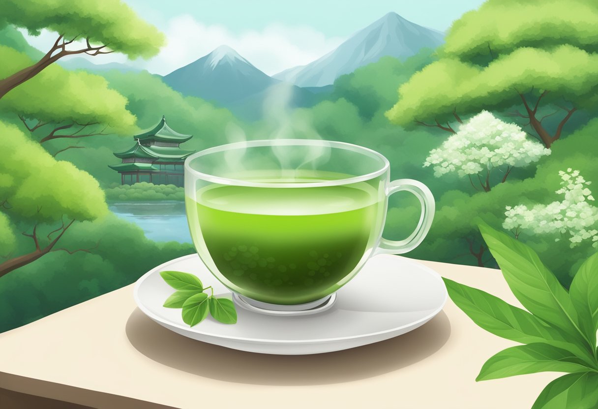 A steaming cup of matcha surrounded by fresh green tea leaves and a serene Japanese garden backdrop