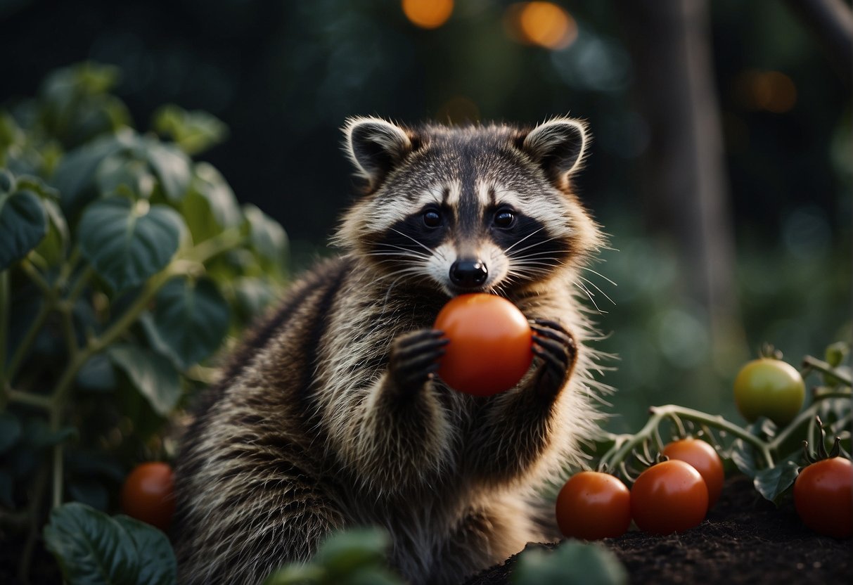 A mischievous raccoon snacking on ripe tomatoes in the moonlit garden