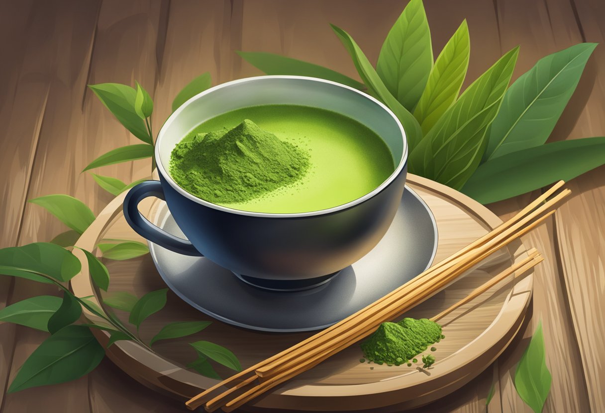 A steaming cup of matcha sits on a wooden table, surrounded by vibrant green tea leaves and a delicate bamboo whisk