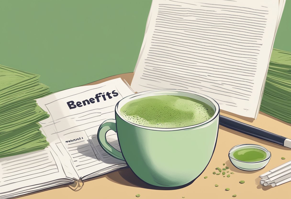 A steaming cup of matcha sits next to a pile of research papers and a list of potential health risks and benefits