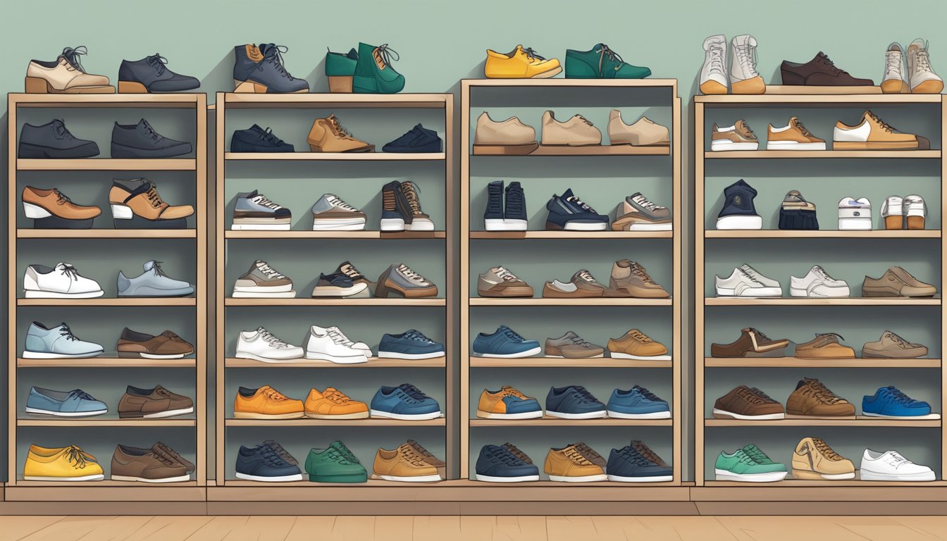 A collection of various shoe brands displayed on shelves, showcasing different styles and designs as an alternative to Birkenstock