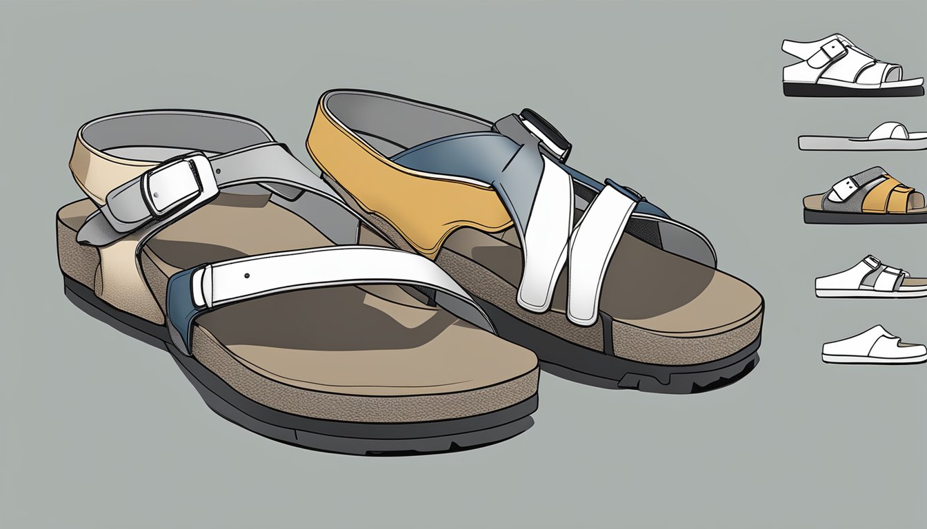 A pair of alternative Birkenstock sandals sits on a display stand, showcasing their unique fit and support features. The ergonomic footbed and adjustable straps are highlighted in the illustration