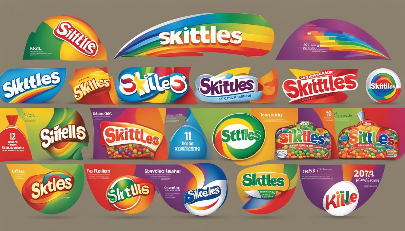 A timeline of Skittles logos from 1974 to present, with a focus on the brand's evolution and ownership changes