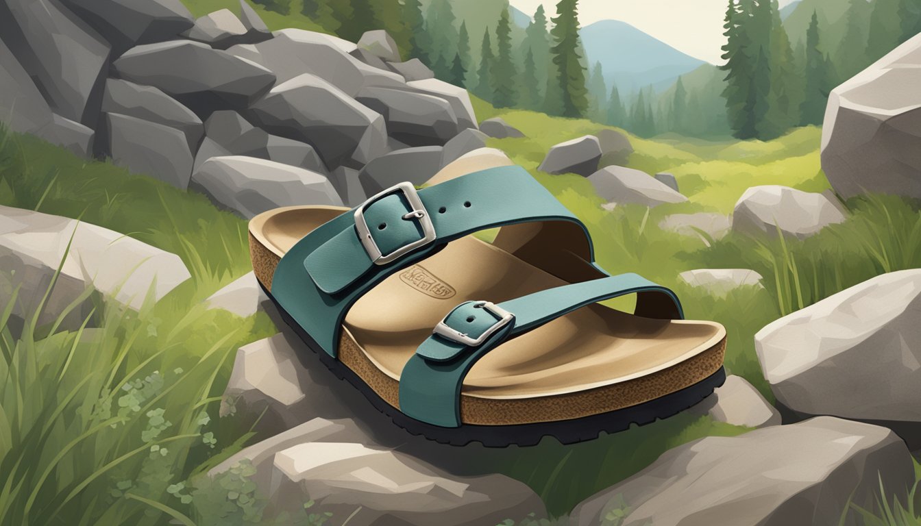 A pair of durable and long-lasting alternative Birkenstock shoes placed on a rugged outdoor terrain, surrounded by elements of nature such as rocks, trees, and grass
