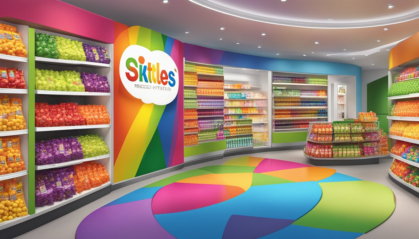 A vibrant display of skittles products in a modern, interactive setting with colorful branding and engaging customer experiences