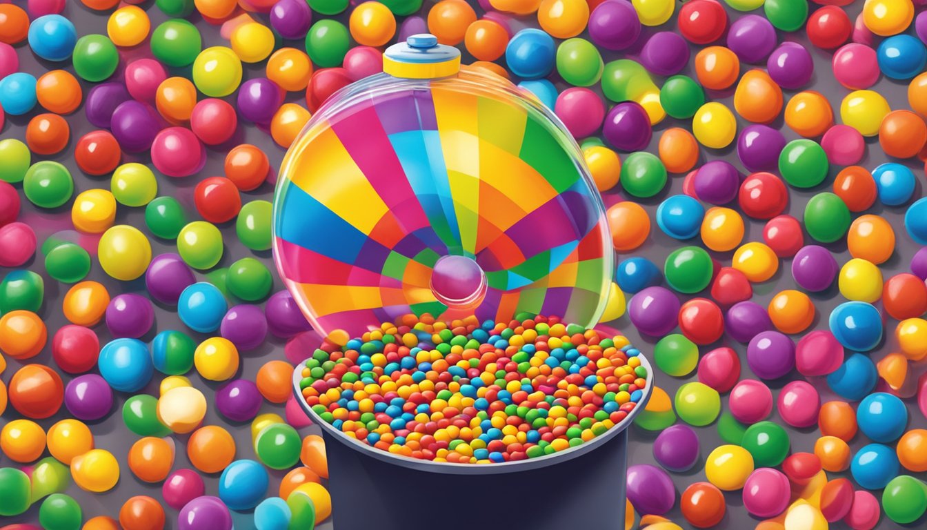 Colorful Skittles pouring out of a vibrant, branded dispenser onto a table surrounded by happy, engaged consumers
