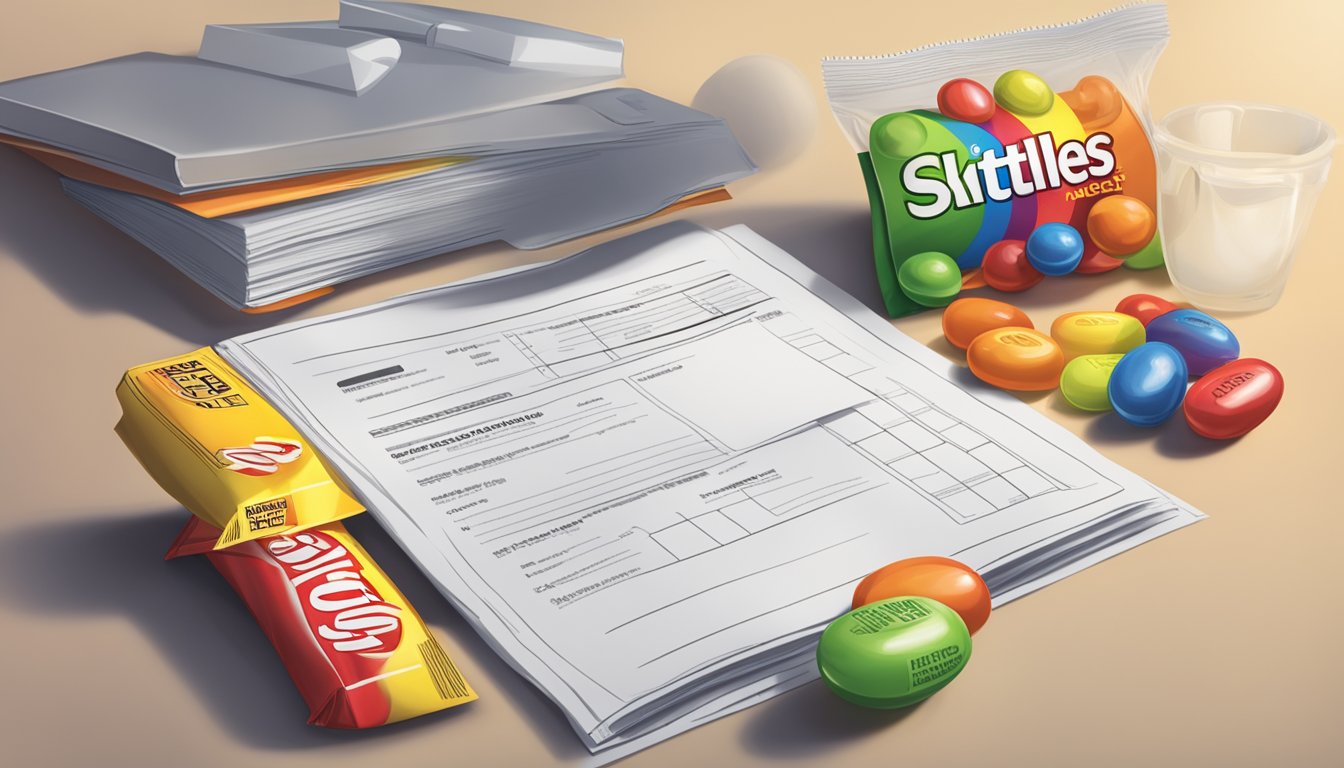 A table with a stack of legal documents and safety information pamphlets next to a bag of Skittles