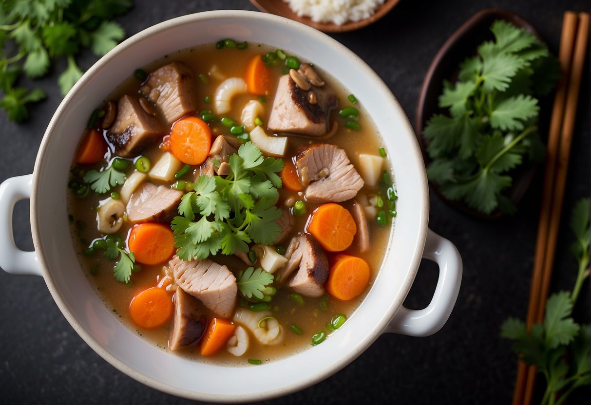A steaming pot of Chinese barley soup, with tender chunks of pork, carrots, and mushrooms floating in a savory broth, garnished with fresh cilantro and green onions