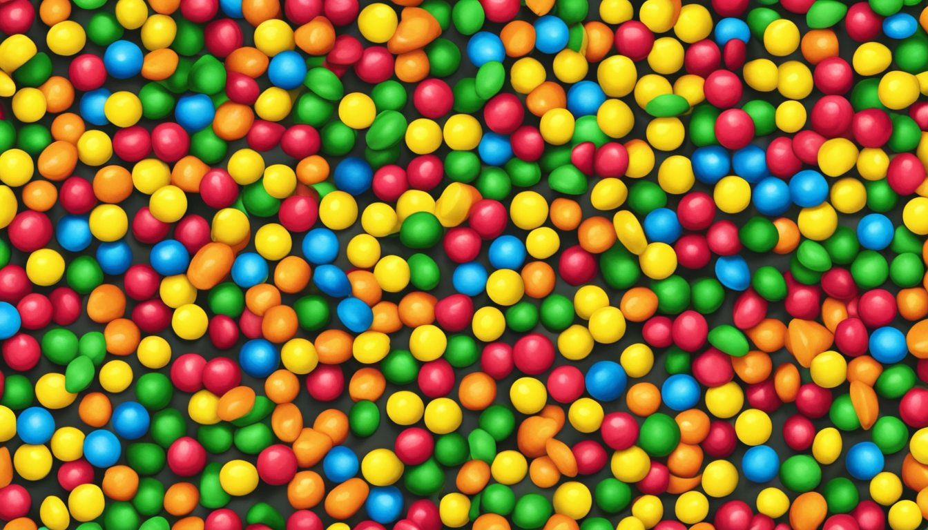 A colorful pile of Skittles spills out of a bright yellow bag, with the brand logo prominently displayed. The candies are arranged in a playful and inviting manner, ready to be enjoyed