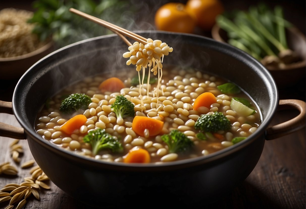 Barley grains simmer in a fragrant broth with vegetables and spices, steam rising from the pot. A pair of chopsticks hovers over the simmering mixture, ready to serve