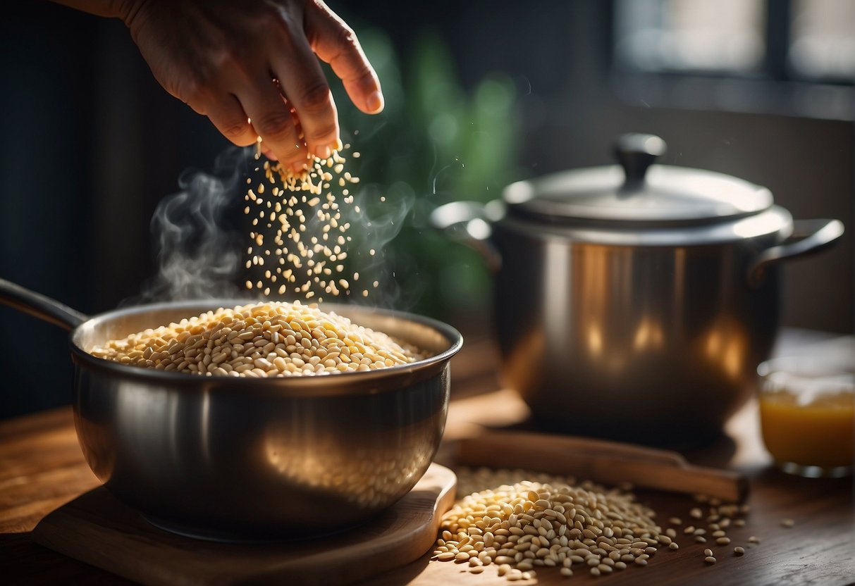 A hand pours Chinese barley into a pot of boiling water, adding ingredients