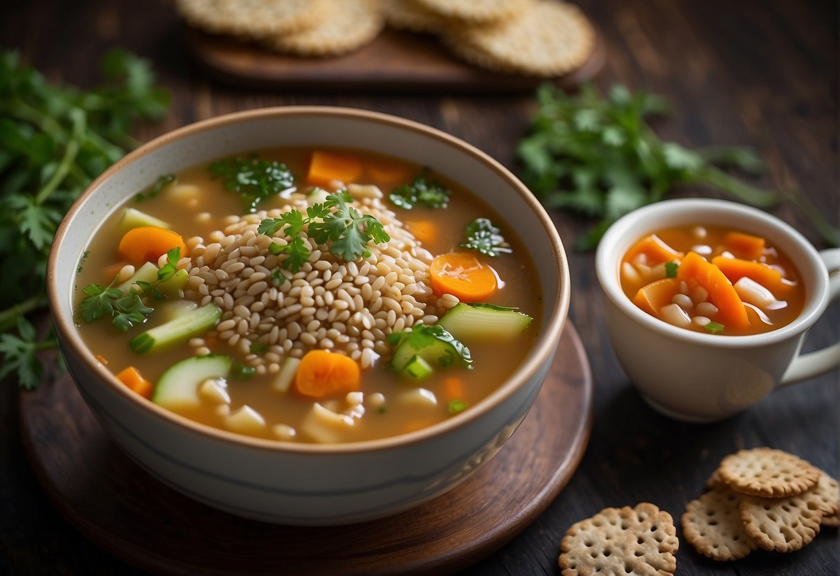 A steaming bowl of Chinese barley soup with colorful vegetables and savory broth, garnished with fresh herbs and served alongside crispy sesame barley crackers