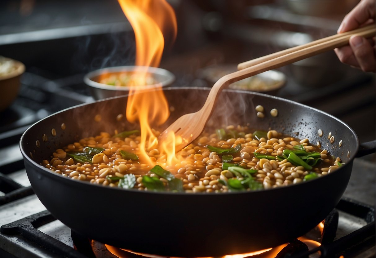 A wok sizzles over a flame, as Chinese barley simmers in a fragrant broth with ginger, garlic, and scallions. A wooden spoon stirs the mixture, releasing the aroma of savory spices