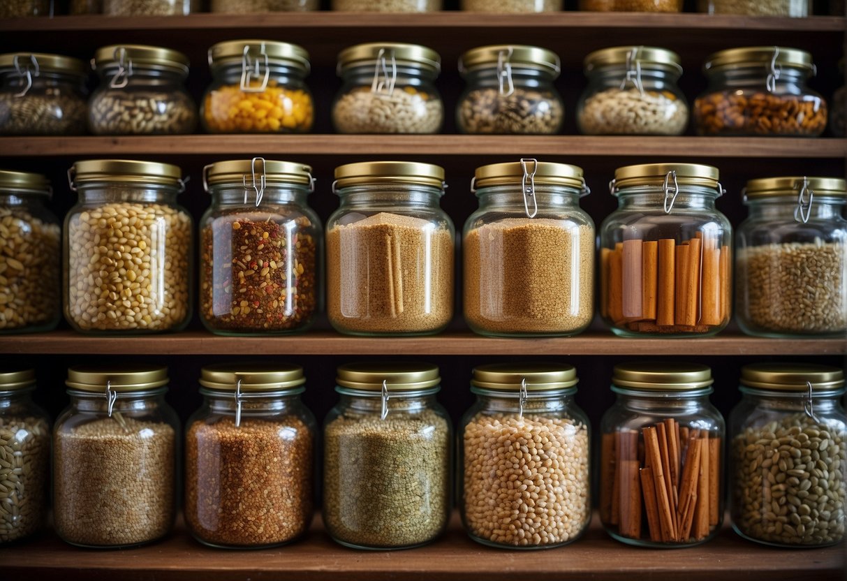 Barley dishes neatly arranged in glass jars, sealed with lids. A variety of Chinese spices and herbs displayed nearby for preserving