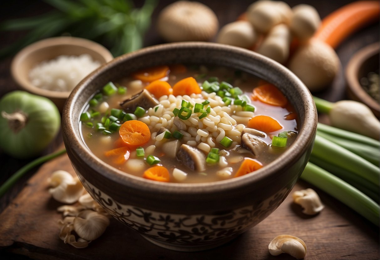 A bowl of Chinese barley soup surrounded by ingredients like mushrooms, carrots, and green onions, with a steaming pot in the background