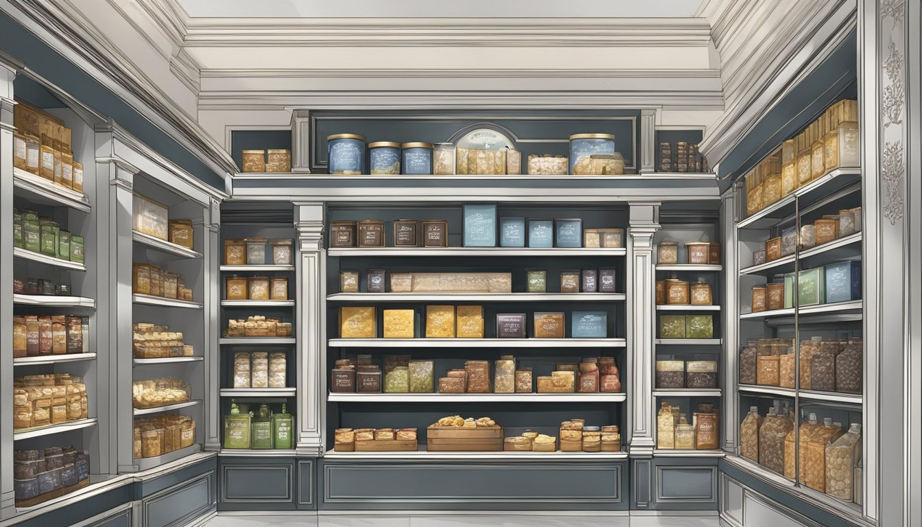 A display of Gourmet Delights Harrods brands, arranged on shelves with elegant packaging and labels