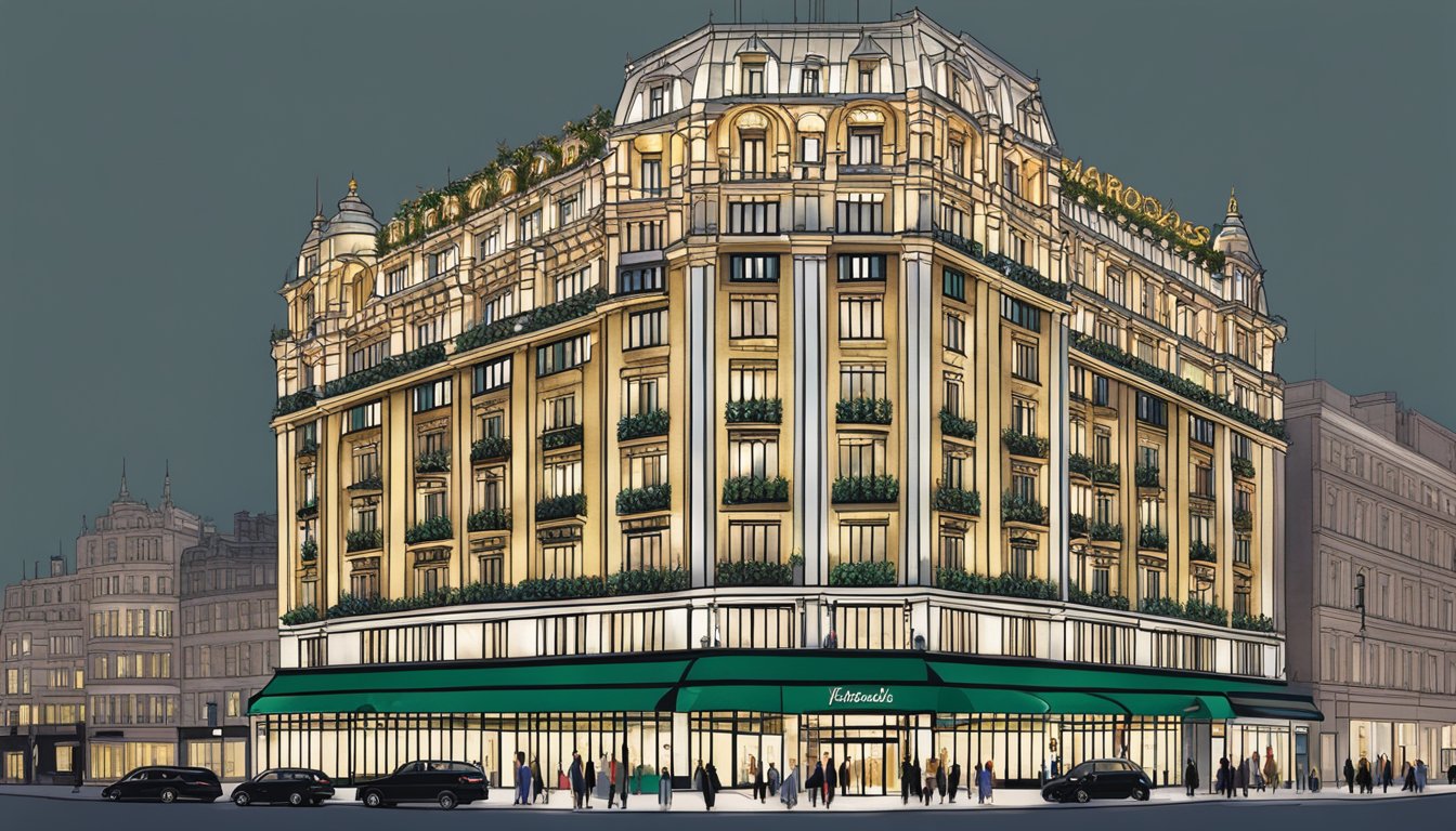 The iconic Harrods building stands tall, with its grand architecture and illuminated signage, showcasing a variety of luxury brands