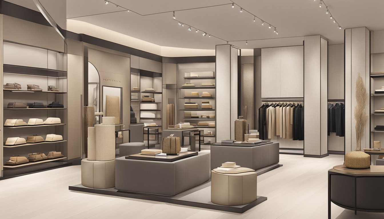 A luxurious display of Bottega Veneta products in a sleek, modern store. The brand's iconic woven leather designs are showcased against a backdrop of minimalist, sophisticated decor
