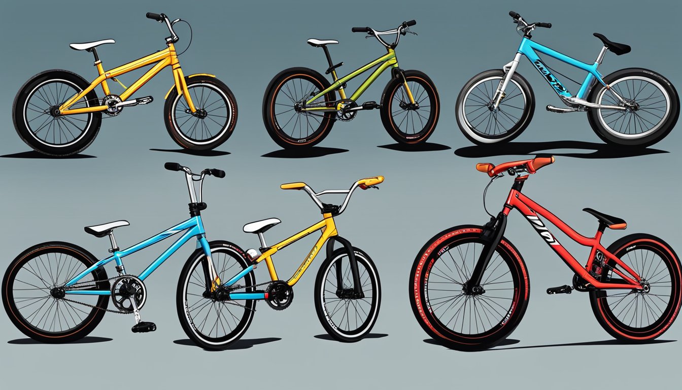 A lineup of BMX race bikes from different brands, showcasing the evolution of design and technology over time. The bikes are displayed in a chronological order, highlighting the changes in frame geometry, wheel size, and components