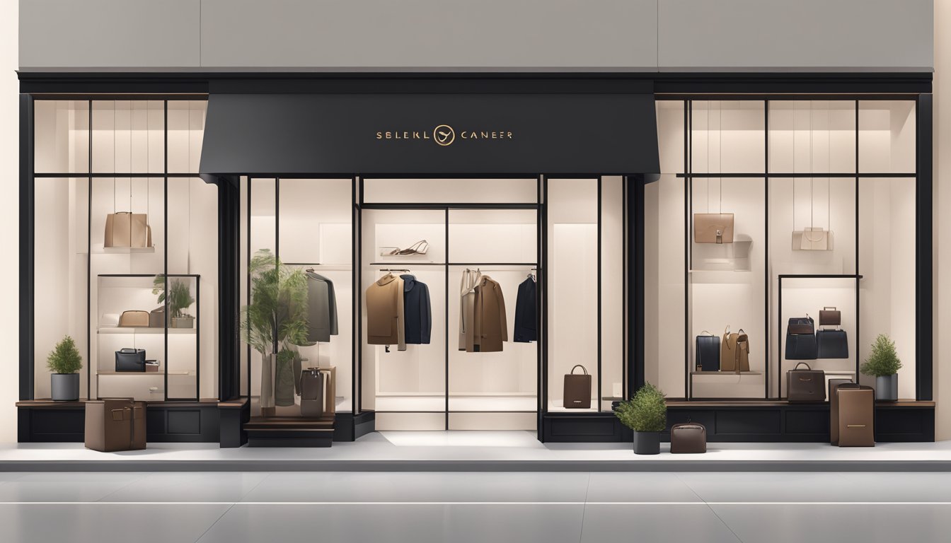 A sleek, modern storefront with minimalist signage and luxurious leather goods on display. Subtle, sophisticated branding elements throughout the space