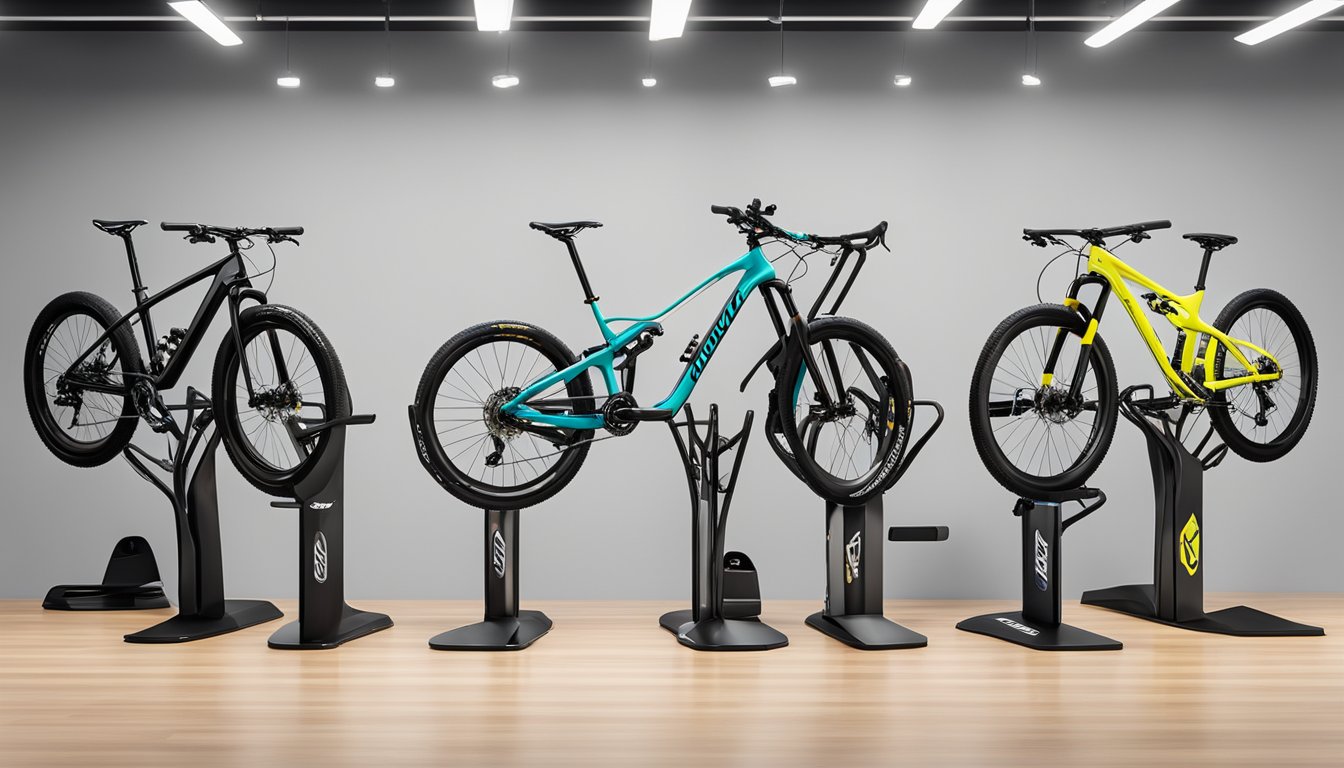 A lineup of top BMX race bike brands displayed on a sleek, modern bike rack in a brightly lit showroom