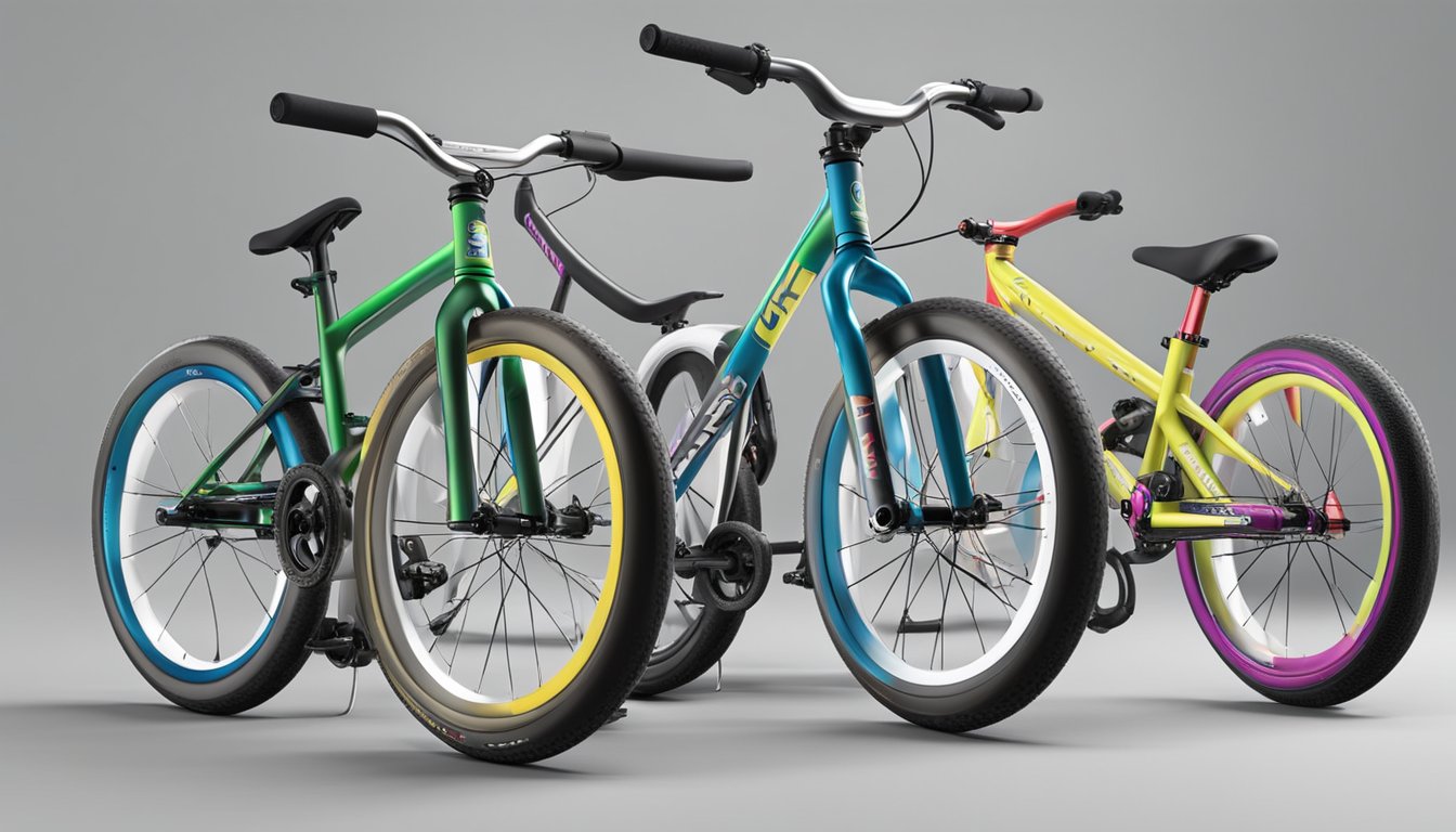 BMX race bikes lined up, featuring lightweight frames, high-performance tires, and sleek designs. Brand logos prominently displayed