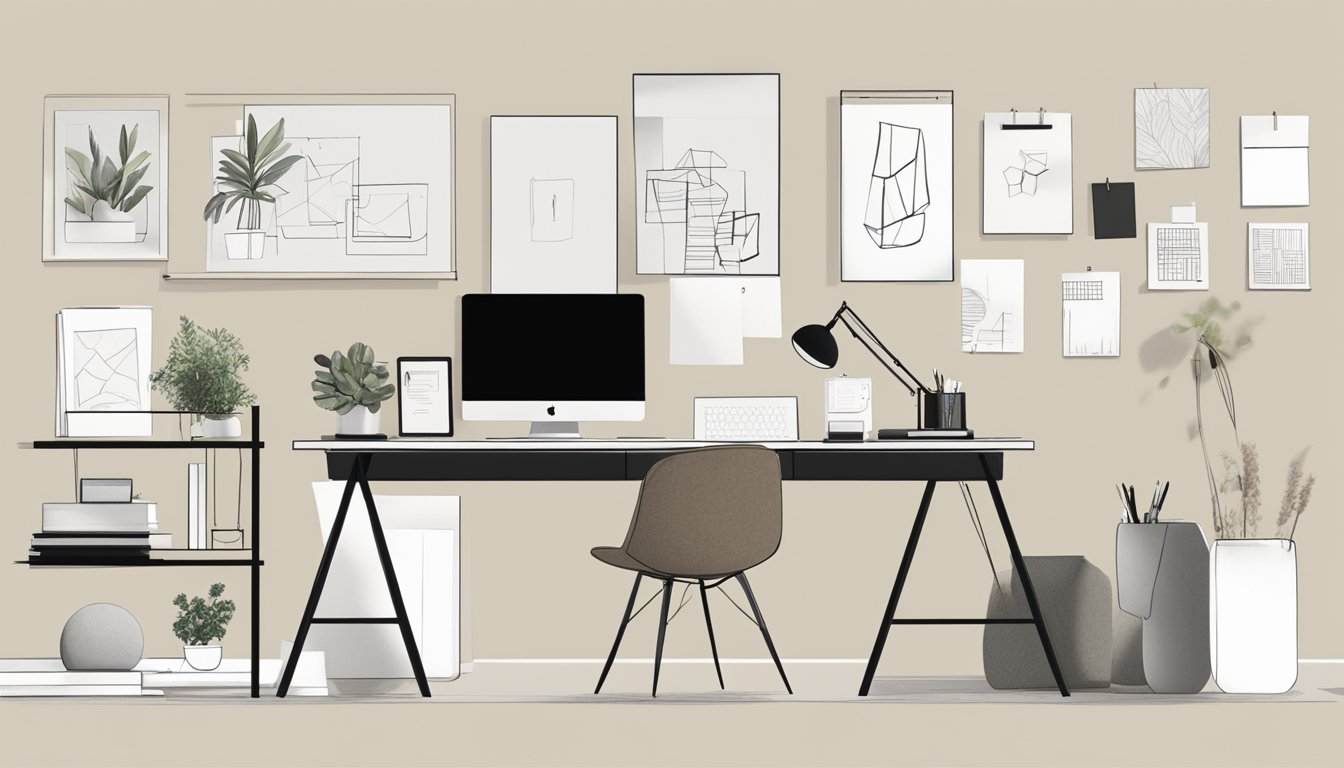 A sleek, minimalist workspace with clean lines and neutral colors, featuring a mood board filled with inspiration images and a desk with design sketches and fabric swatches