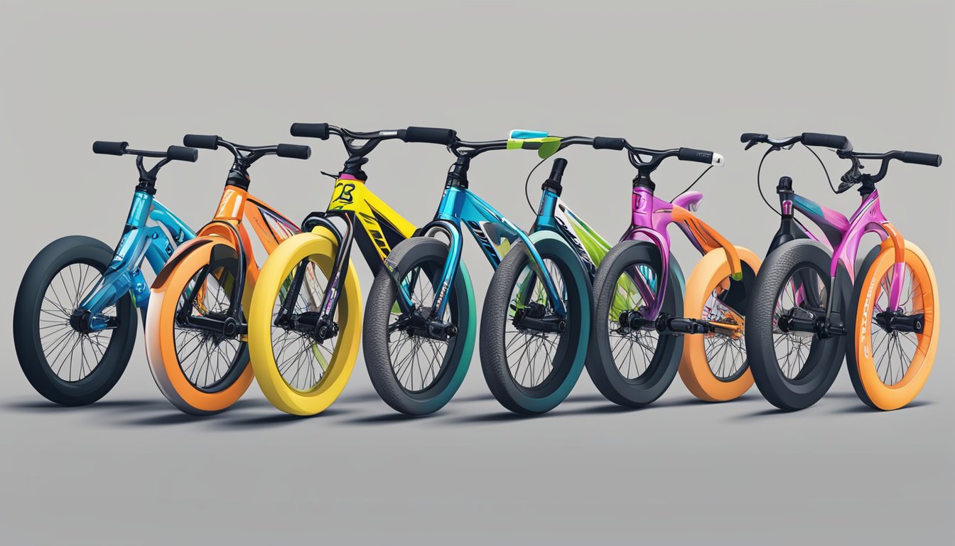 BMX race bikes branded for different riding styles and disciplines, lined up in a row, showcasing the variety of designs and features