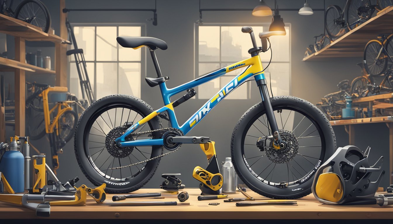 BMX race bikes brands undergo maintenance and upgrades in a well-lit workshop, with tools and parts scattered around the workbench