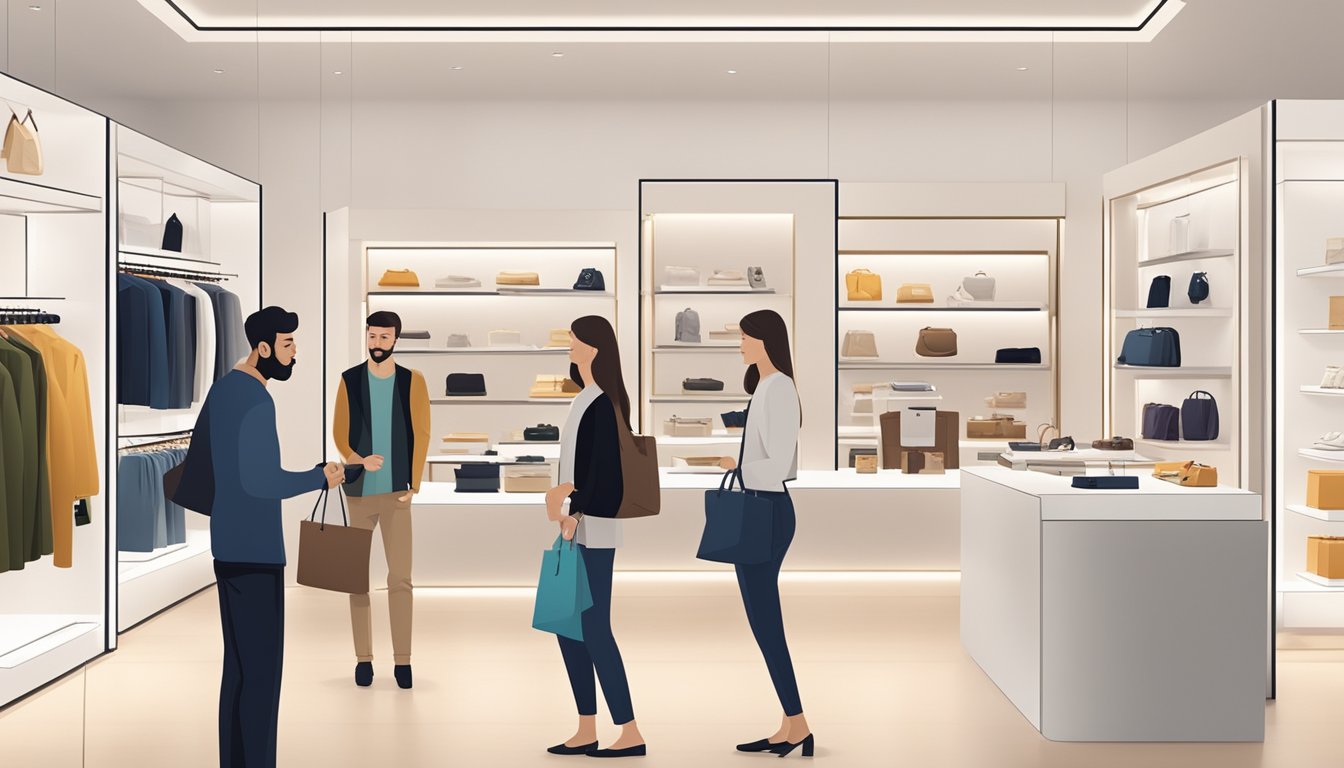 Customers interacting with luxury products in a modern, minimalist store. Brand logo and signature items prominently displayed