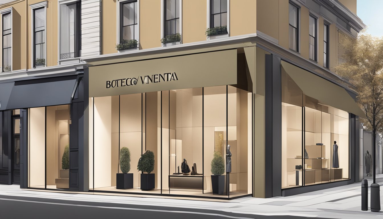 A sleek, modern storefront with bold Bottega Veneta branding. Clean lines and a minimalist aesthetic draw in curious shoppers