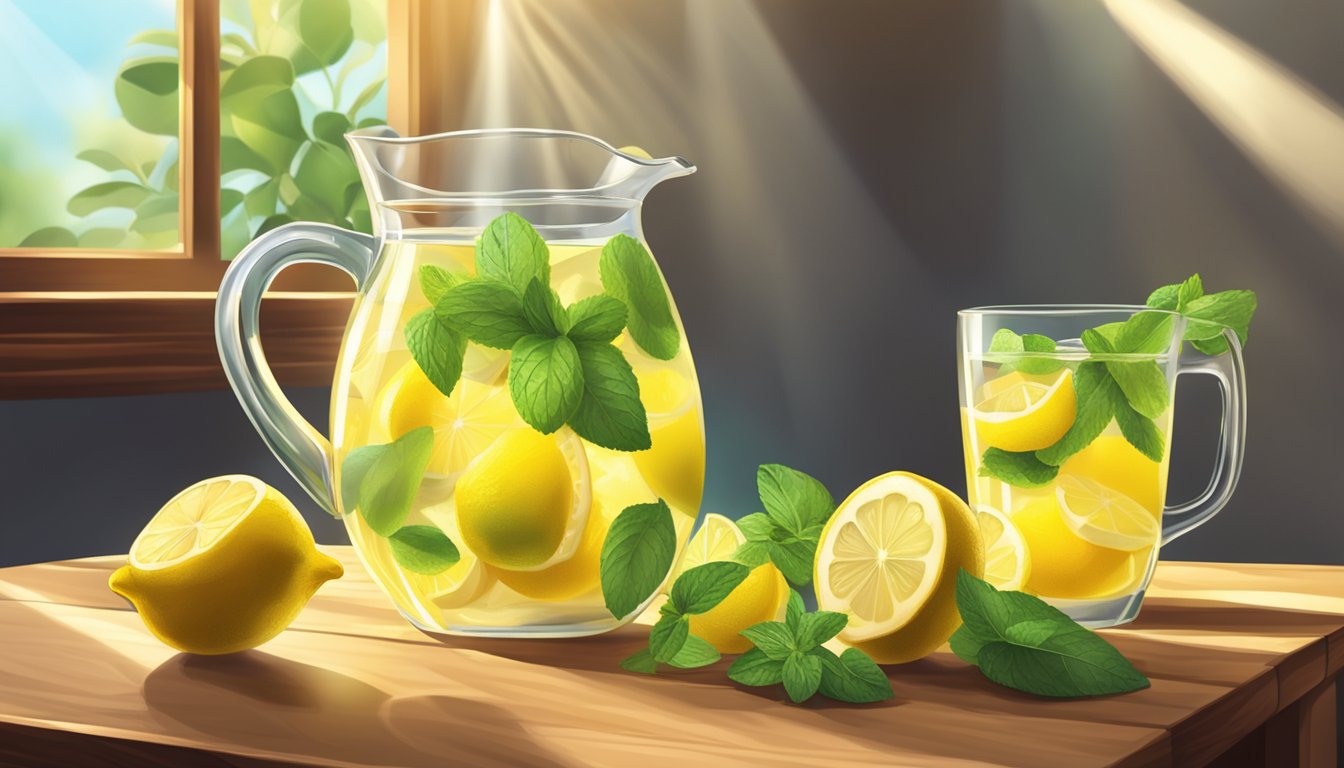 A pitcher of lemonade surrounded by fresh lemons and mint leaves on a wooden table. Sunlight streaming through a window highlights the vibrant colors
