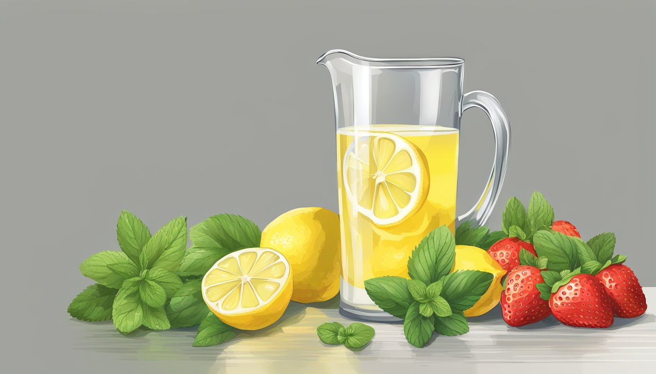 A pitcher of lemonade surrounded by fresh lemons, mint leaves, and a pile of ripe strawberries. A glass filled with the refreshing drink sits next to the pitcher