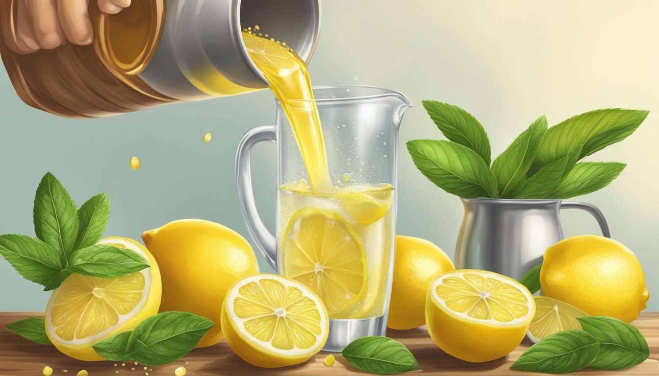 Fresh lemons being squeezed into a pitcher, water being poured in, and a sprinkle of stevia or honey being added for sweetness