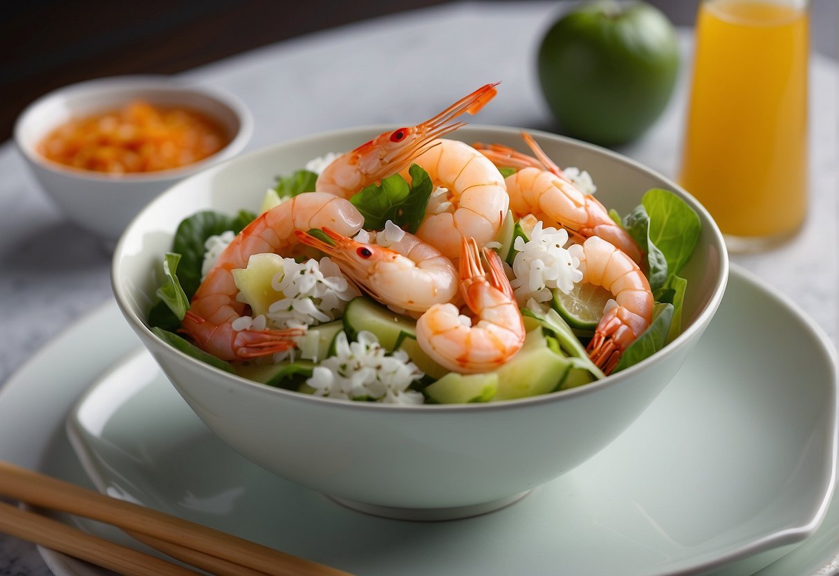 A bowl of cold prawn salad with Chinese ingredients, arranged on a white plate with chopsticks beside it