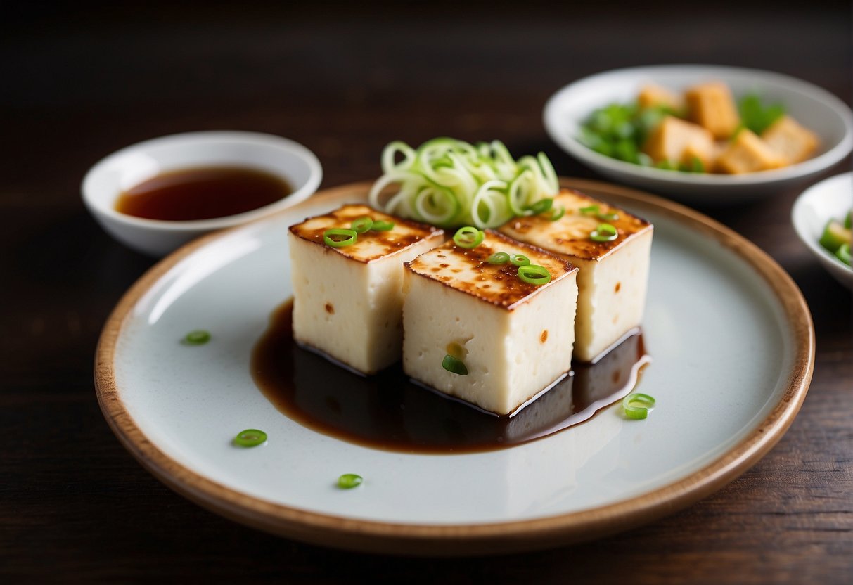 A bowl of cold tofu sits on a wooden table, garnished with sliced green onions and drizzled with soy sauce. A pair of chopsticks rests next to the dish