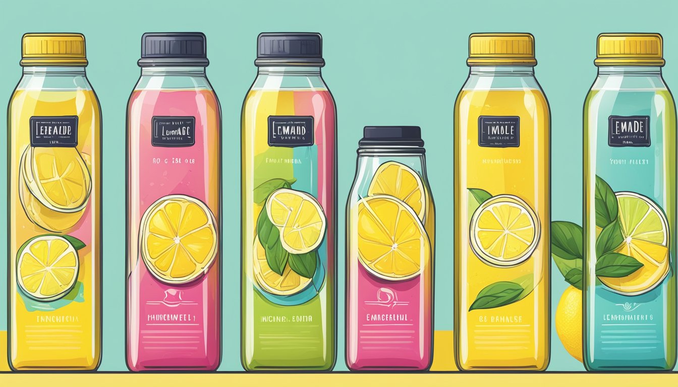 A table with various lemonade bottles, each displaying a clean and modern label with vibrant colors and bold, simple typography