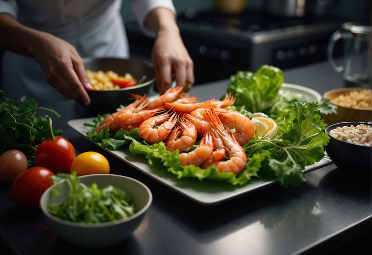 A hand reaches for fresh prawns, crisp lettuce, and vibrant herbs on a kitchen counter for a cold prawn salad recipe