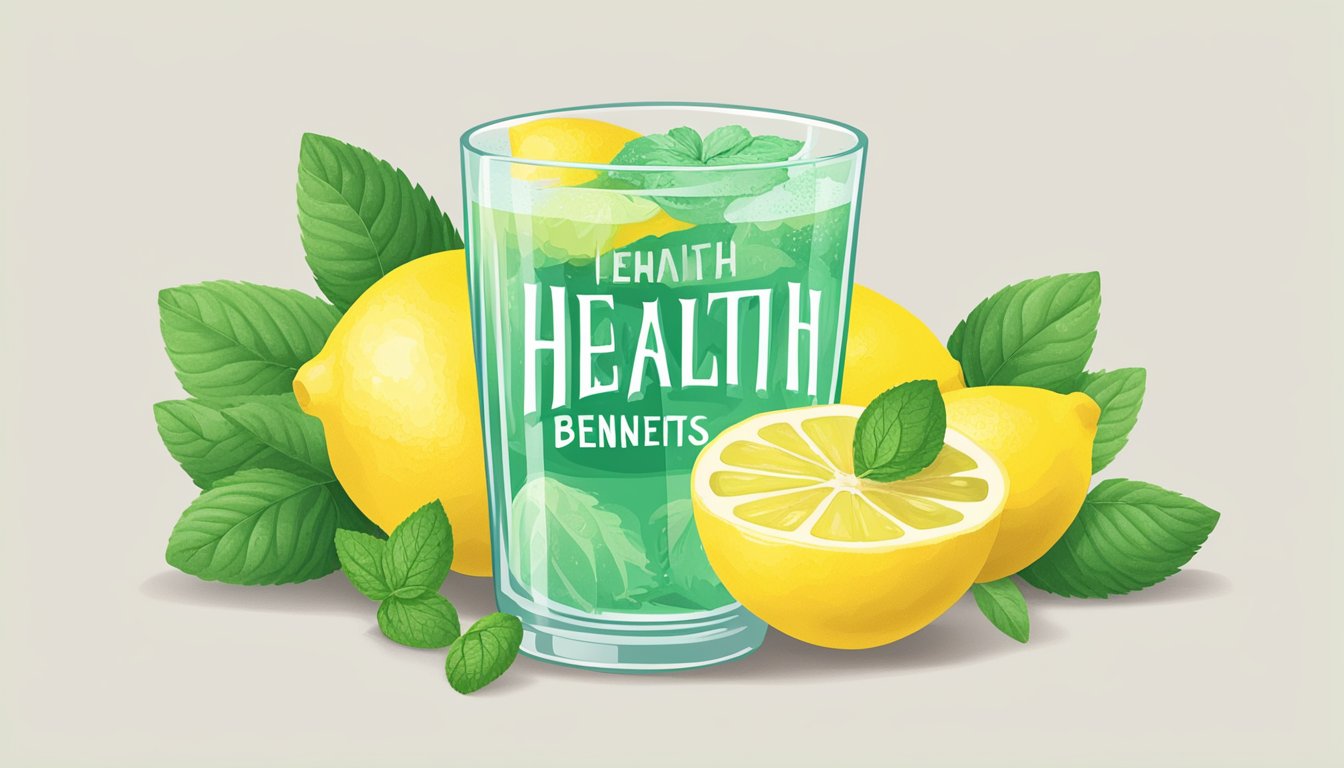 A glass of fresh lemonade surrounded by vibrant lemons and mint leaves, with a label showcasing "health benefits" and "risks" in bold lettering