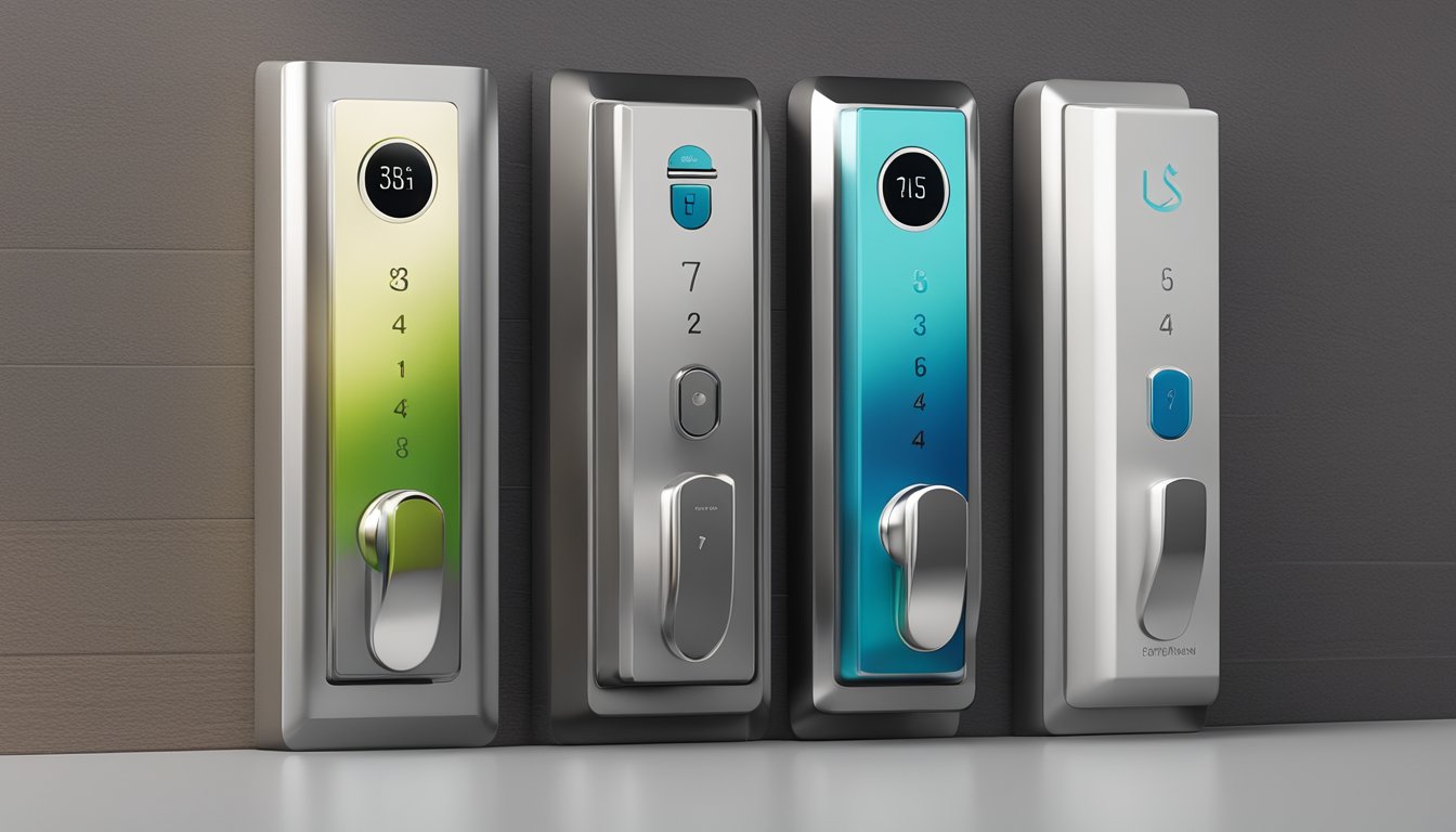A row of sleek smart locks, each with a unique design and branding, displayed on a modern door