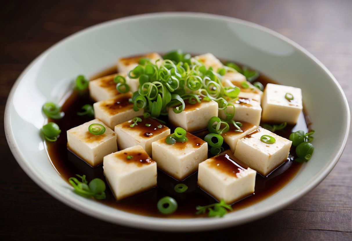 A bowl of cold tofu sits on a wooden table, garnished with sliced green onions and drizzled with soy sauce