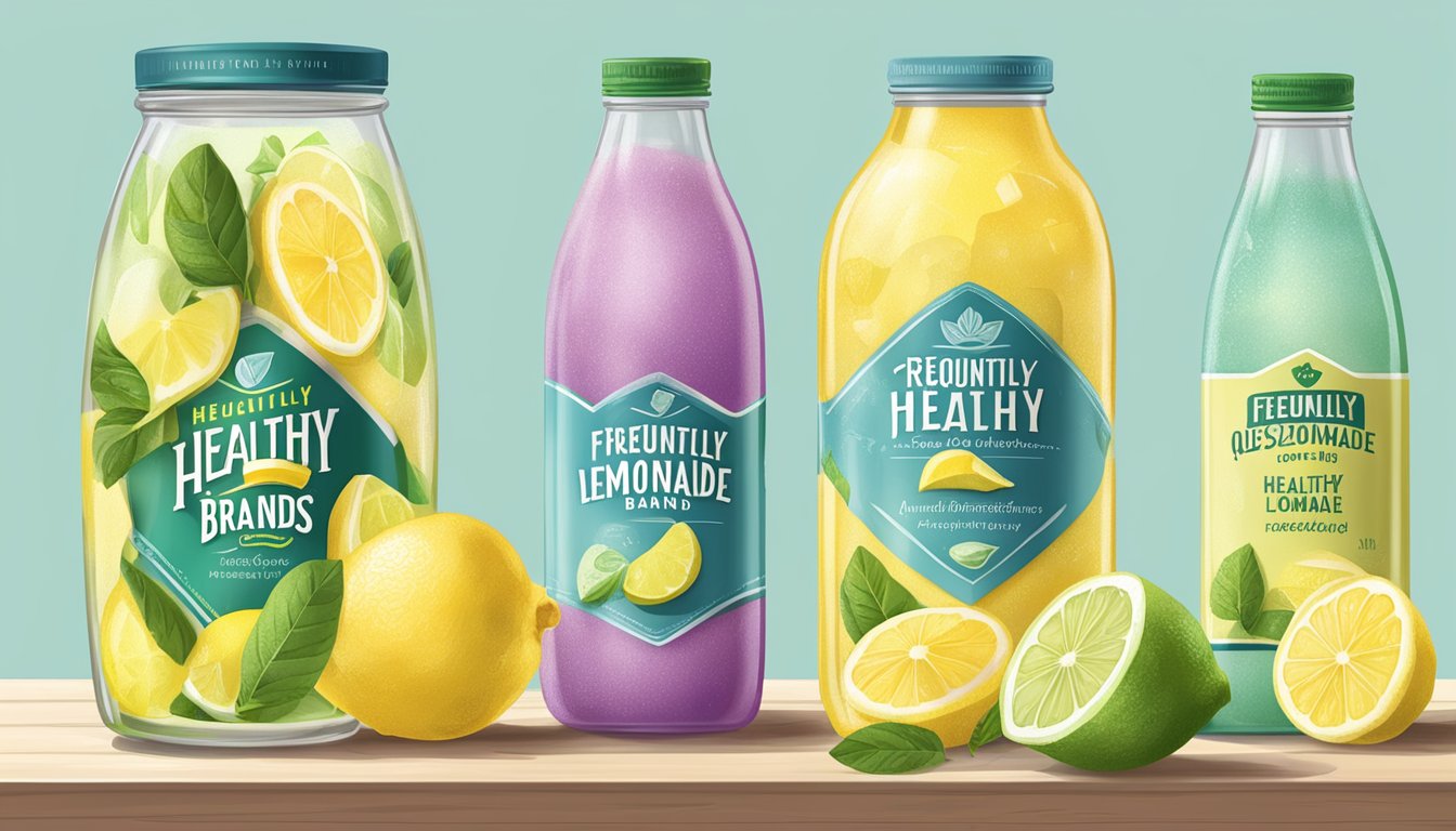 A table with various bottles of lemonade, each labeled with a different healthy brand. A sign reads "Frequently Asked Questions about healthy lemonade brands."
