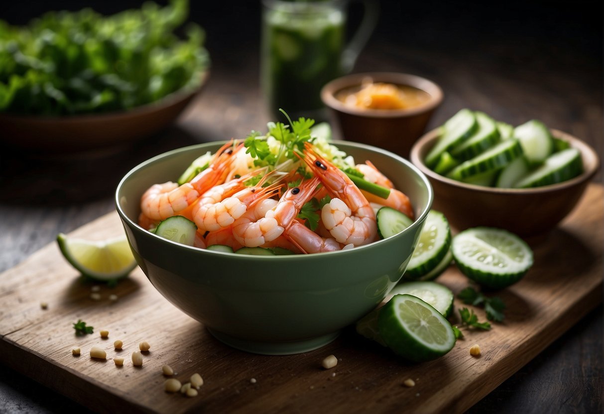 Fresh prawns being peeled and deveined, then tossed with crisp lettuce, crunchy cucumber, and a tangy Chinese dressing in a large bowl