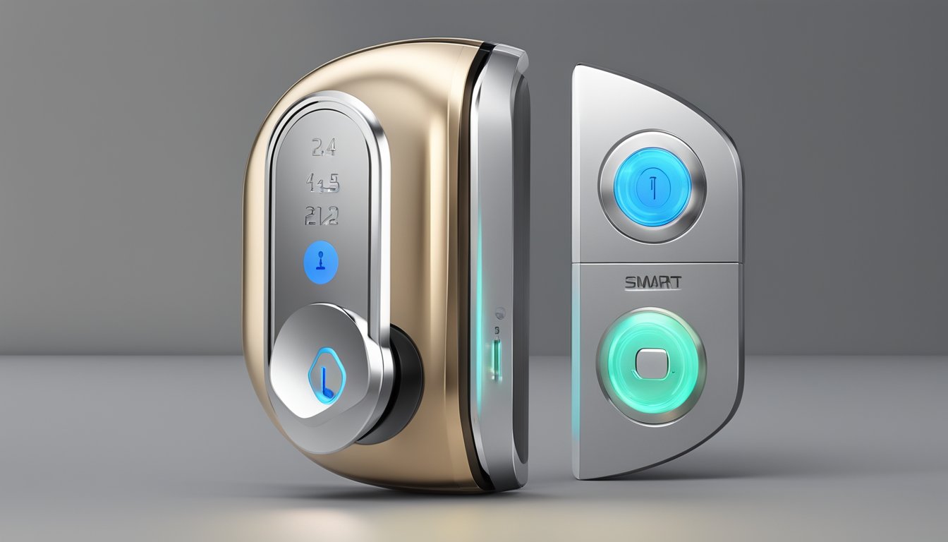 A smart lock rotates open, revealing a sleek design with advanced technology. Multiple brands surround it, each with unique features and styles