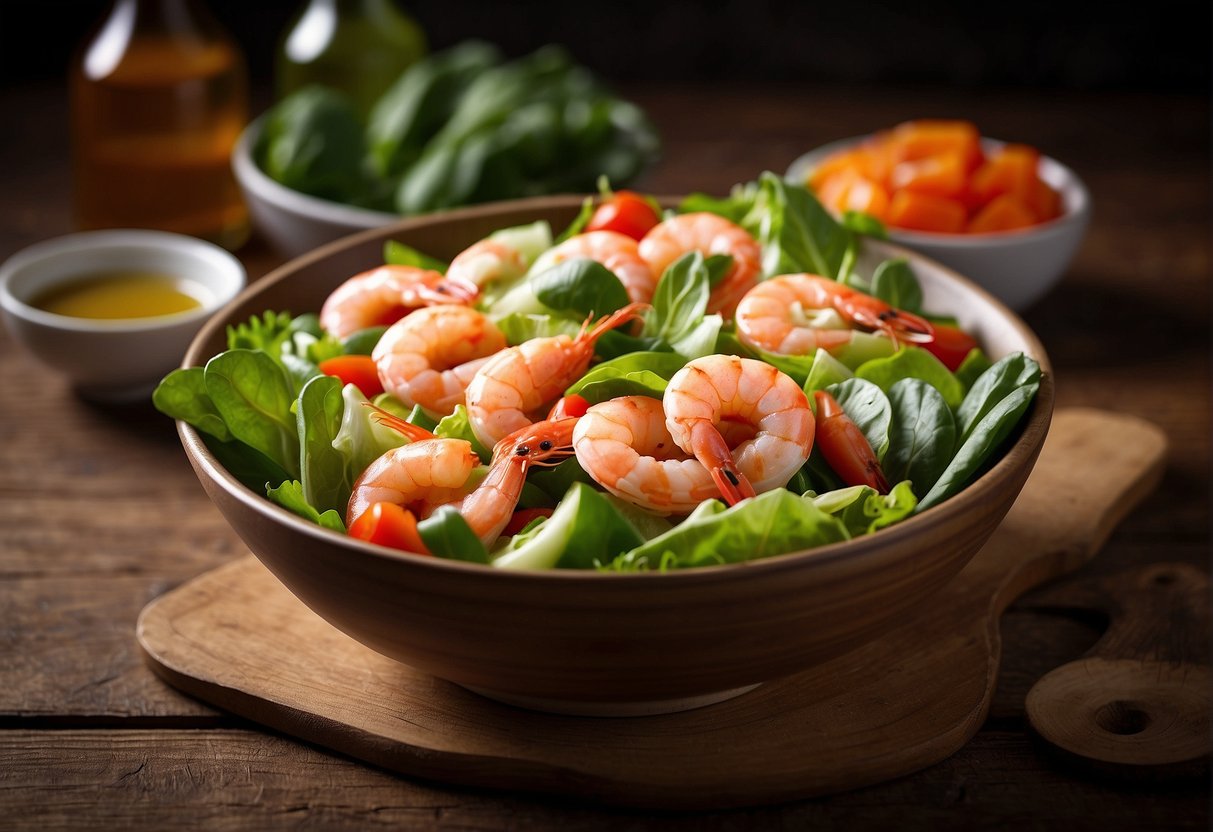 A bowl of cold prawn salad sits on a wooden table, surrounded by fresh vegetables and a bottle of Chinese dressing. The prawns glisten in the light, enticing the viewer with their succulent appearance