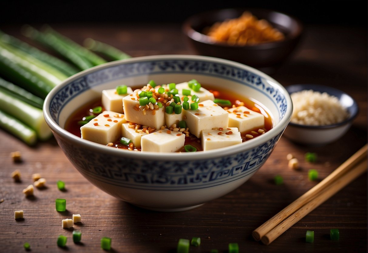 A bowl of cubed cold tofu surrounded by soy sauce, sesame oil, green onions, and chili flakes on a wooden table
