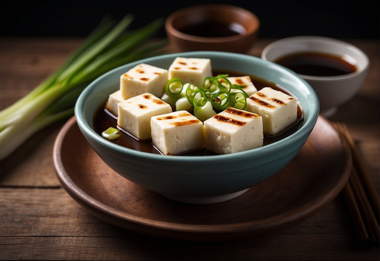 A bowl of cold tofu sits on a wooden table, garnished with sliced green onions and drizzled with soy sauce. A pair of chopsticks rests beside the bowl