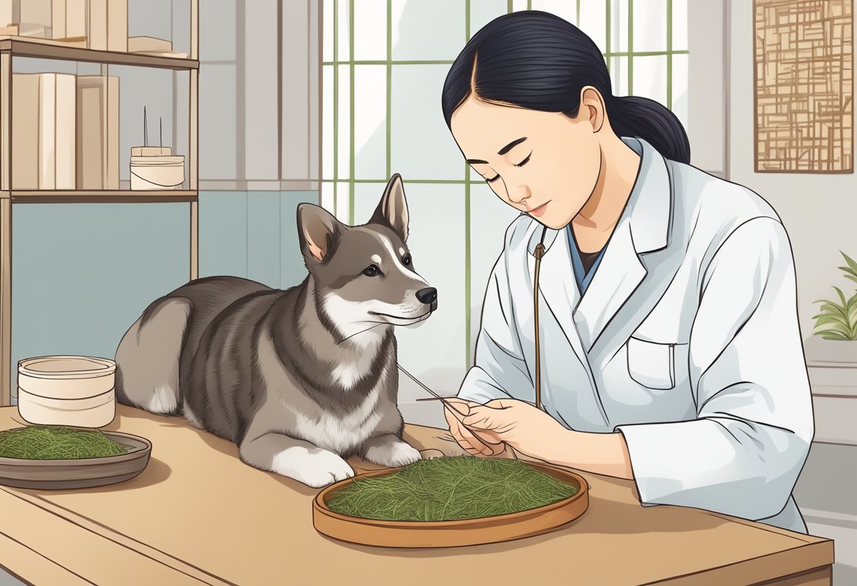 A pet acupuncture session begins with a traditional Chinese medicine consultation, followed by the insertion of tiny needles into specific points on the animal's body