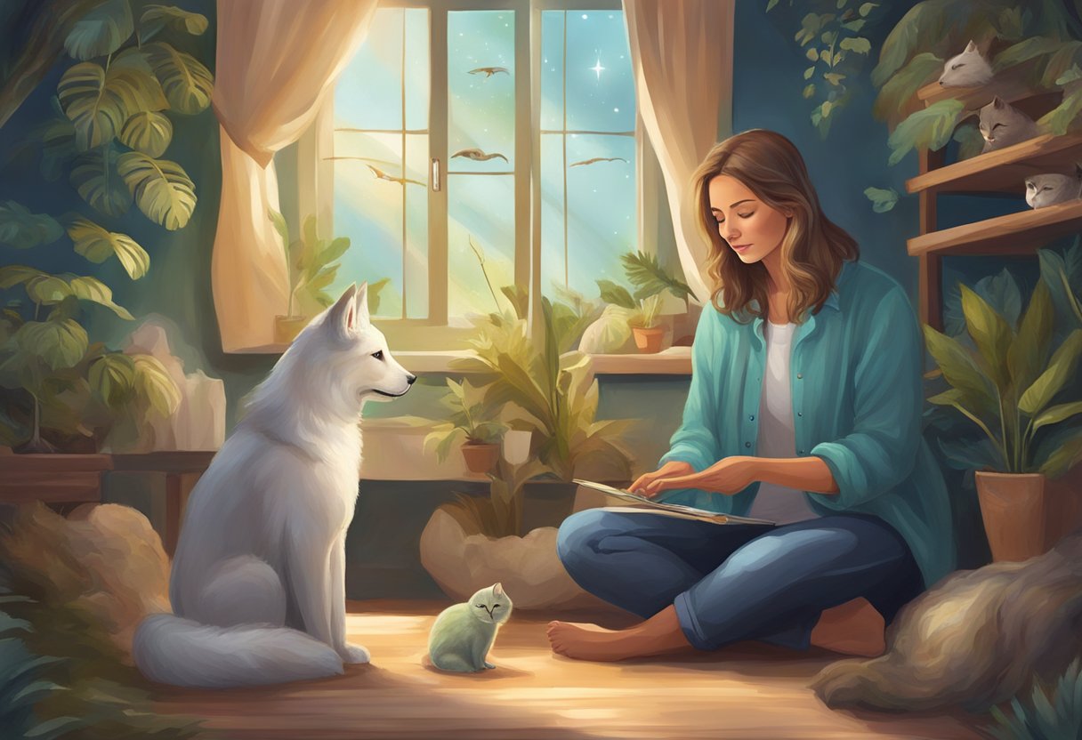 A pet psychic communicates with animals online, surrounded by calming colors and natural elements